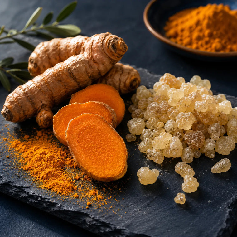 Fresh turmeric roots and sliced turmeric with golden powder beside boswellia resin tears on dark navy slate